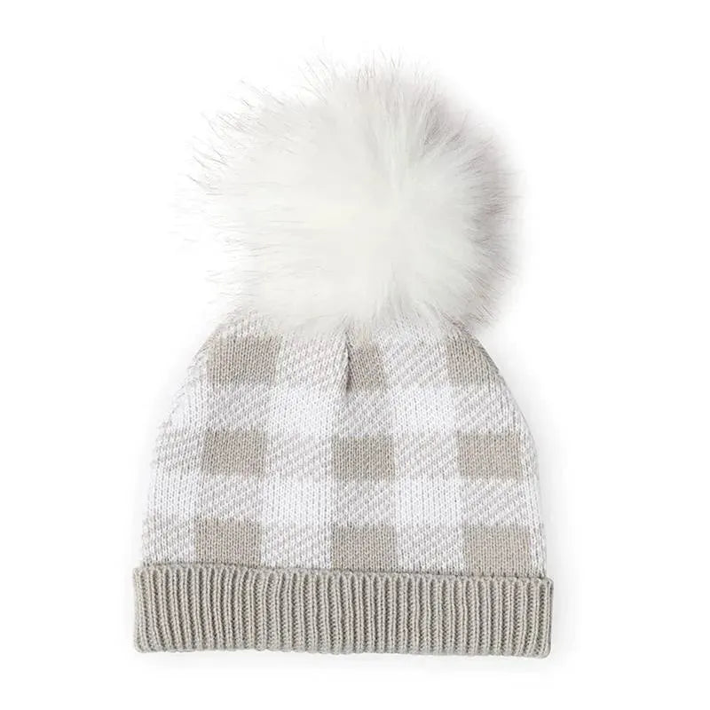 Rose Textiles - Grey Buffalo Check Faux Fur Pom-Pom Beanie & Bootie Image 2