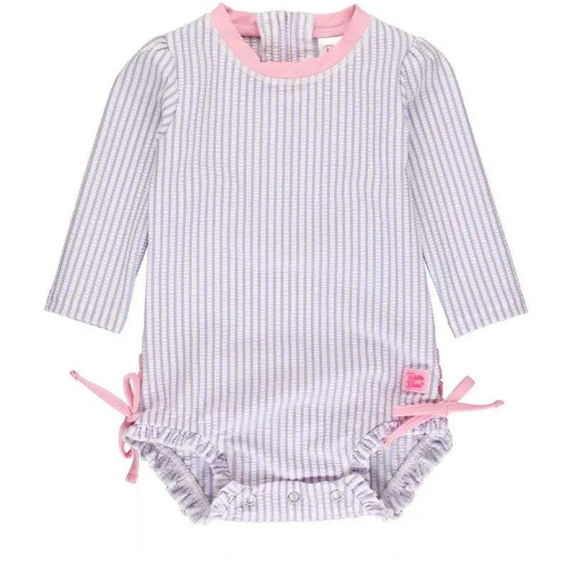 Rufflebutts - Baby Girls Lavender Seersucker Long Sleeve One Piece Rash Guard, Purple Image 1