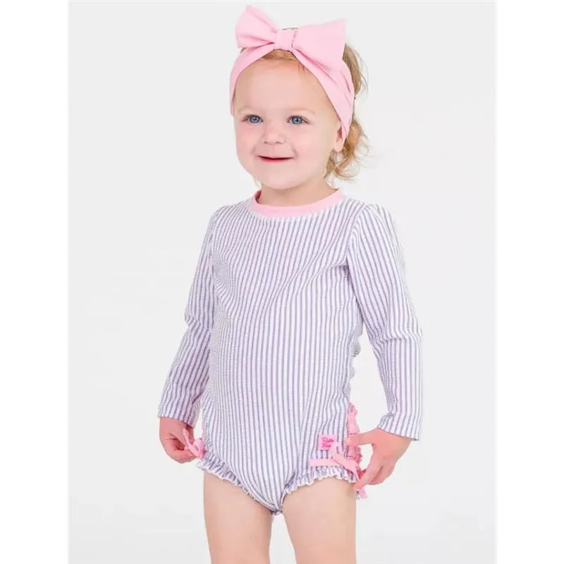 Rufflebutts - Baby Girls Lavender Seersucker Long Sleeve One Piece Rash Guard, Purple Image 3