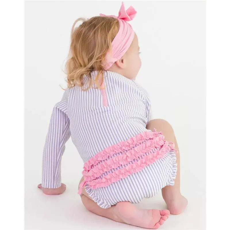 Rufflebutts - Baby Girls Lavender Seersucker Long Sleeve One Piece Rash Guard, Purple Image 5