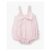 Rufflebutts - Baby Girls Pink Seersucker Bow Front Woven Bubble Romper Image 1