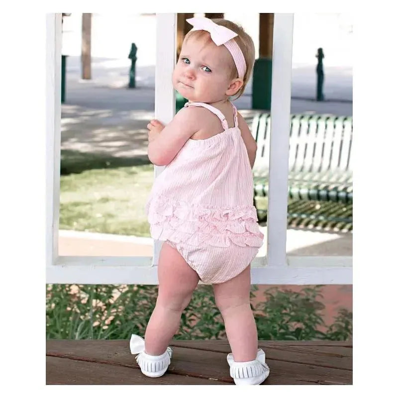 Rufflebutts - Baby Girls Pink Seersucker Bow Front Woven Bubble Romper Image 6