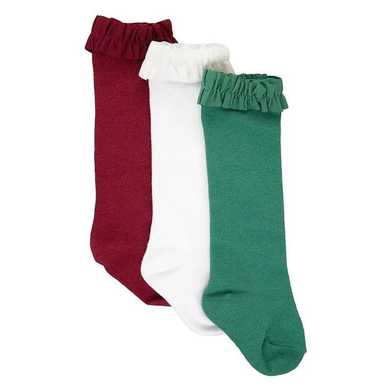 Rufflebutts - Girls 3-Pack Knee High Ruffle Socks, Dark Cherry, White, & Fir Green Red Image 1