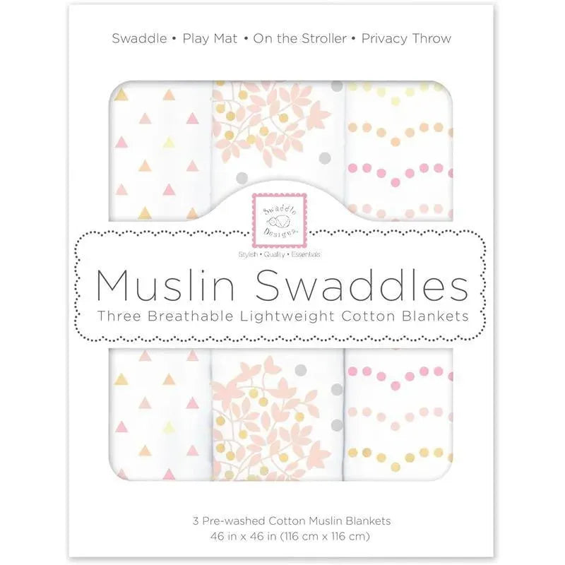 Swaddle Designs - 3Pk Muslin Swaddle Blankets, Floral With Gold Shimmer Image 1