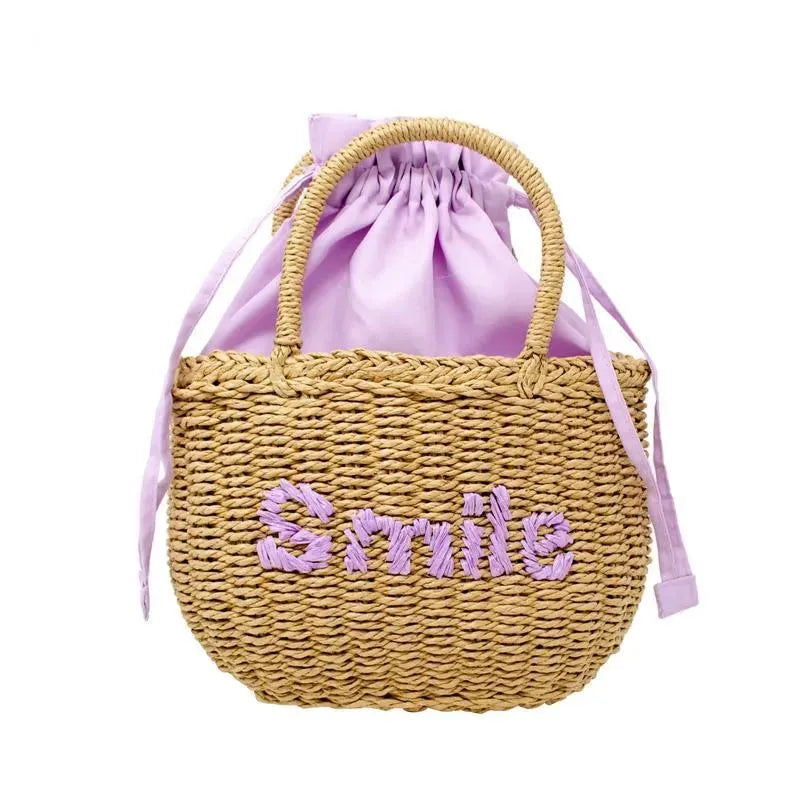 Tiny Treats - Girls Wicker Basket Message Handbag, Smile Purple Image 1