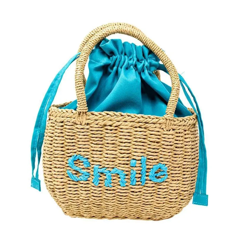 Tiny Treats - Girls Wicker Basket Message Handbag, Smile Teal Image 1