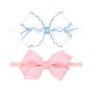 Wee Ones - Two Mini Moonstitch Grosgrain Bows, Mini, White/Millennium Blue and Light Pink Image 1